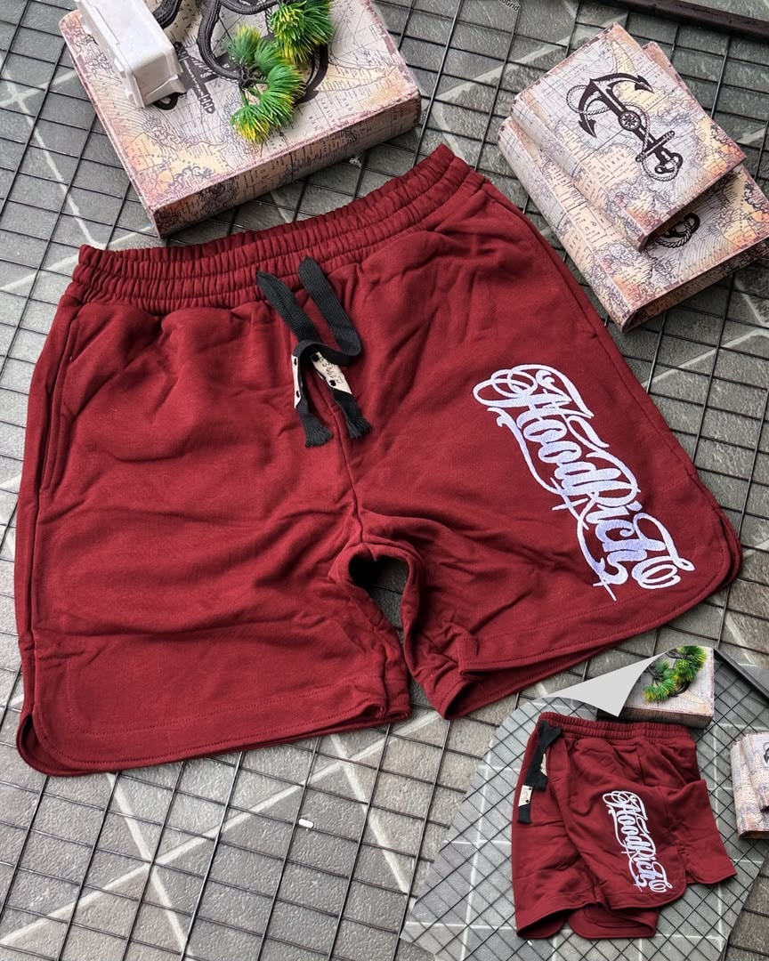 Burgundy HoodRich fleece shorts with white embroidery and drawstring waist.