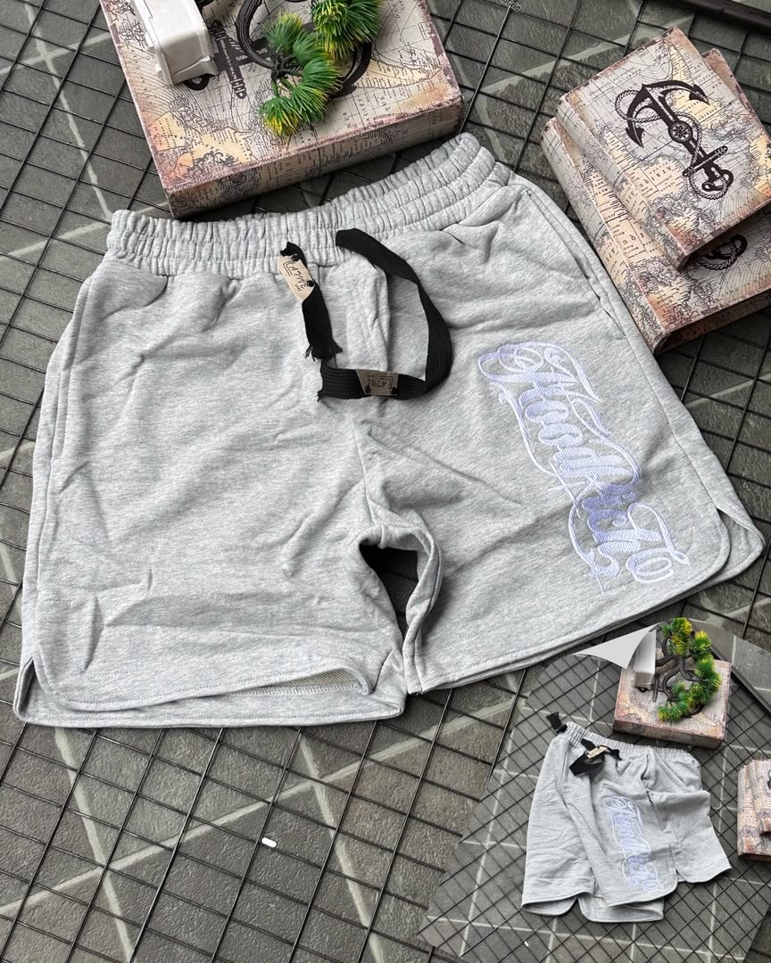 Gray HoodRich fleece shorts with white embroidery and drawstring waist.