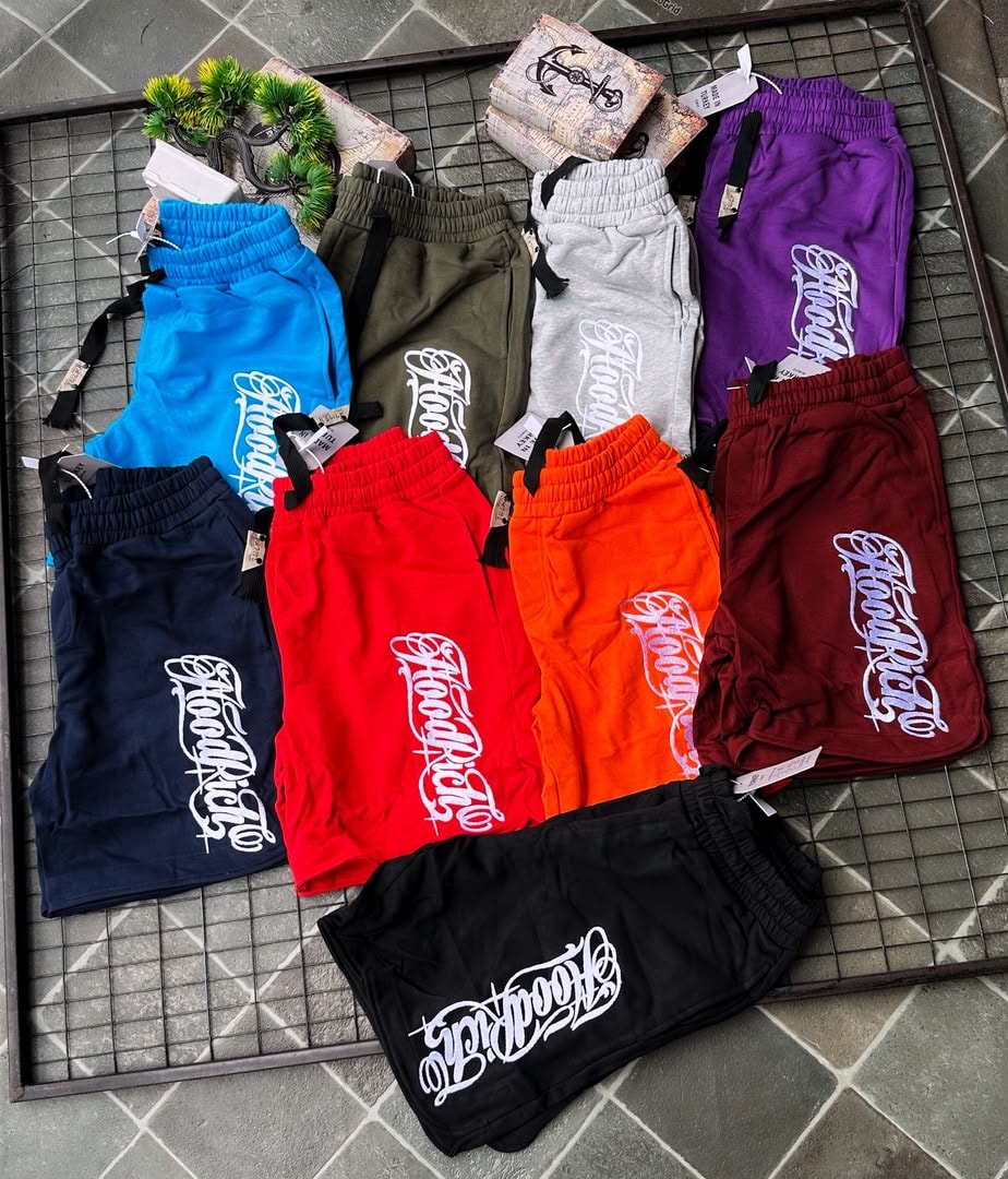 HoodRich embroidered shorts displayed in multiple colors including black navy blue red orange olive gray purple and burgundy.