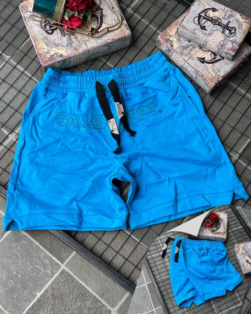 Blue Gallery Dept. embroidered fleece shorts on tiled background with props.