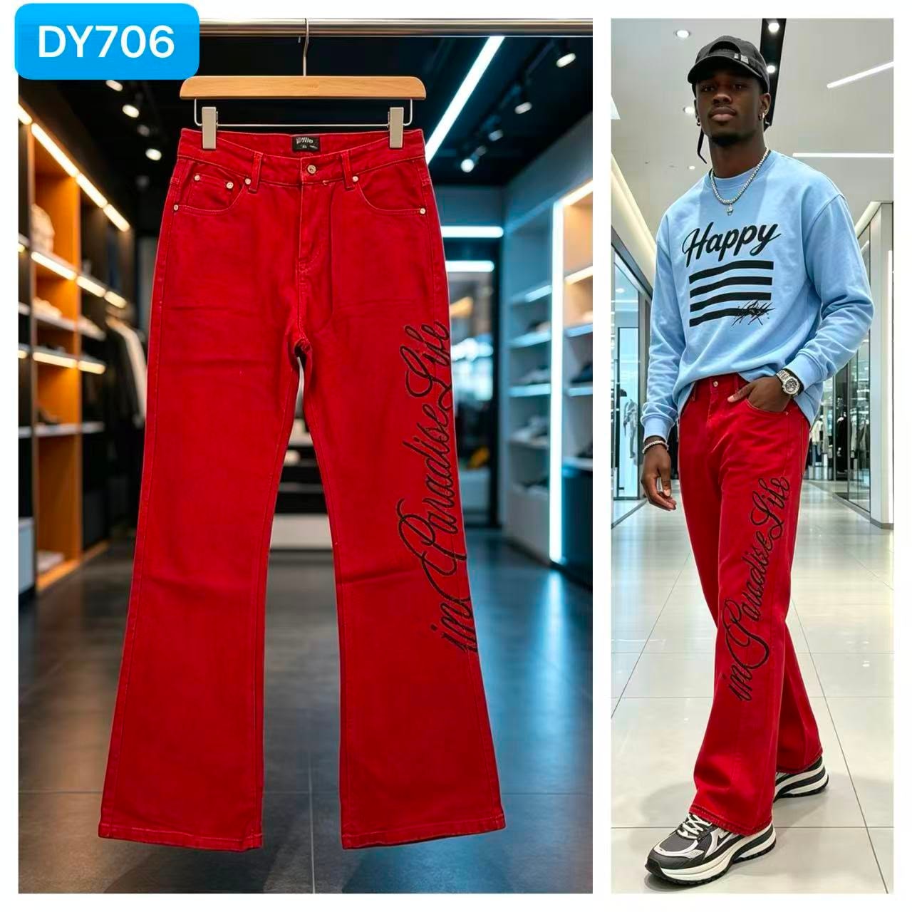 Red baggy jeans with Paradise Life side print, displayed on hanger and worn by model.
