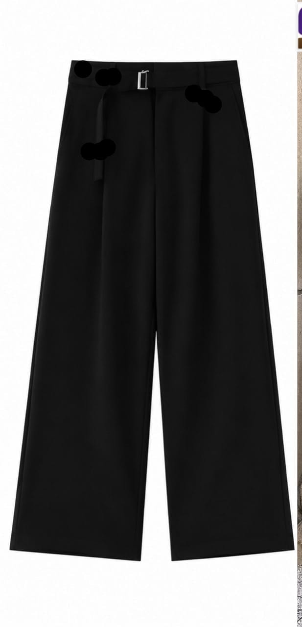 Black unisex flare trousers showing high waist, belt with silver buckle, front pleats and wide leg silhouette.
