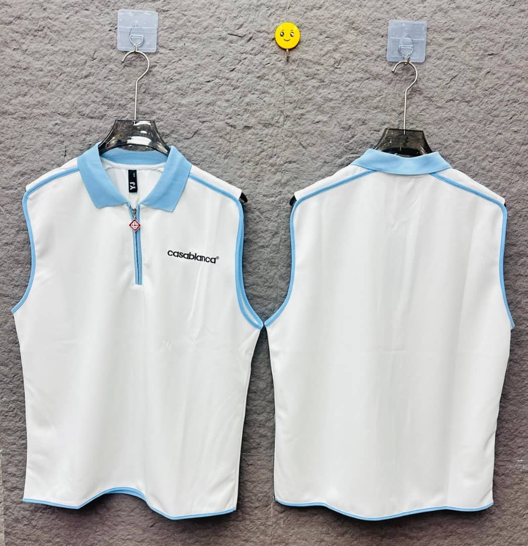 Front and back of white sleeveless polo vest with blue trim and Casablanca logo.
