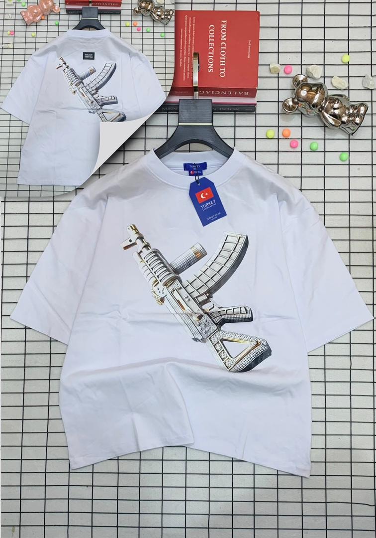 White oversized t-shirt with jeweled AK-47 graphic on front and back.