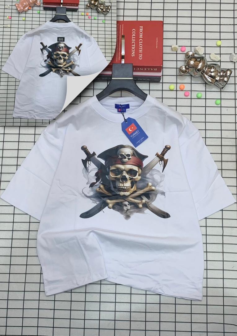 White oversized t-shirt with pirate skull and crossed swords graphic on front and back.