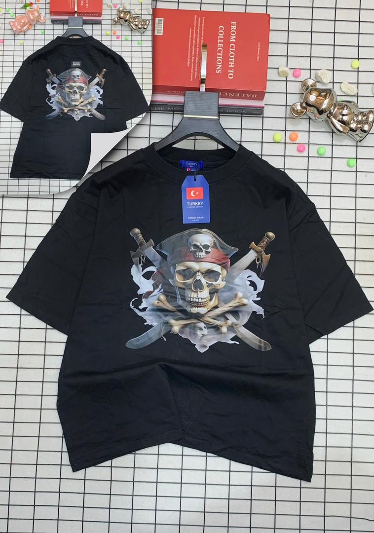 Black oversized t-shirt with pirate skull and crossed swords graphic on front and back.