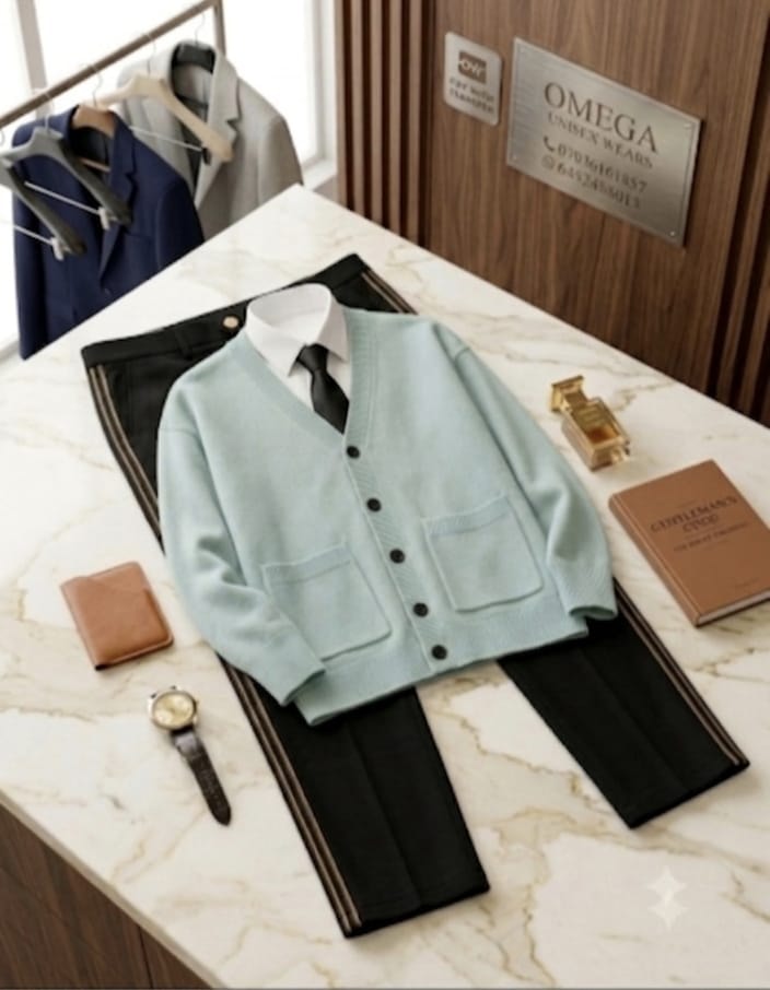 Light blue knit cardigan with white shirt, black tie, black trousers and accessories on marble table.