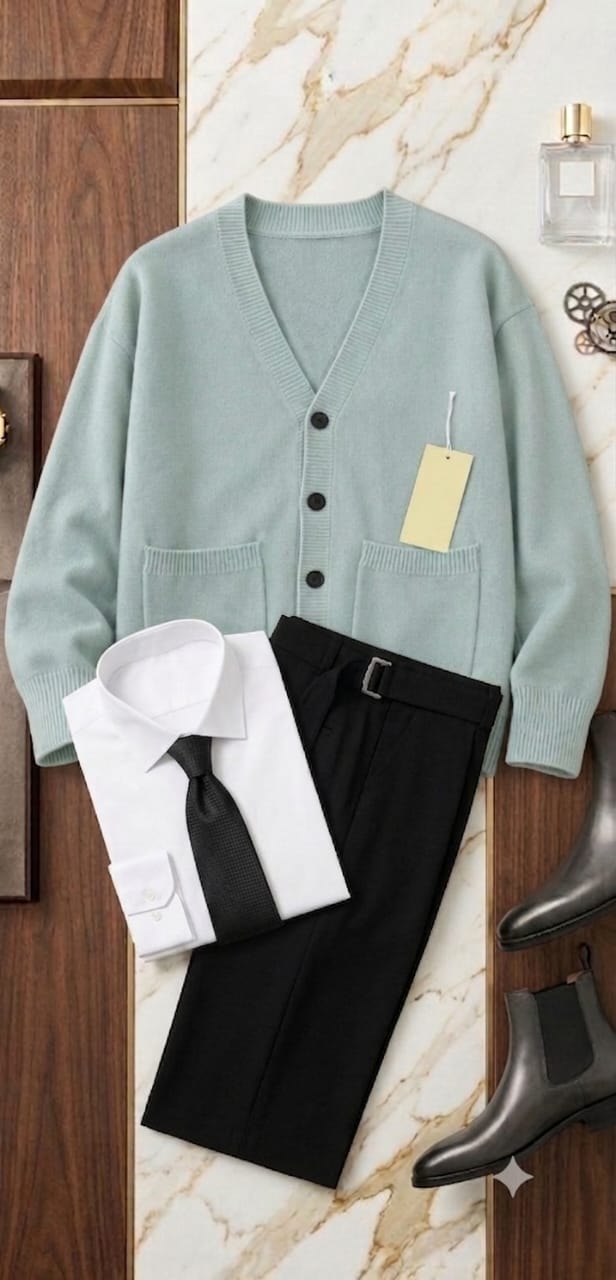 Light green knit cardigan with white shirt, black tie, black trousers and grey boots.