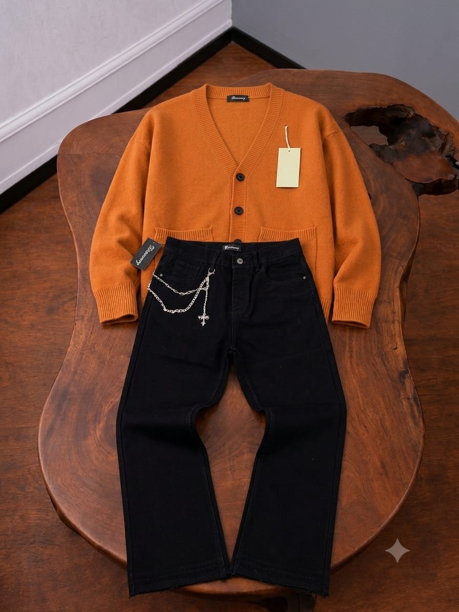 Orange V-neck knit cardigan and black jeans with silver cross chain on wooden table.