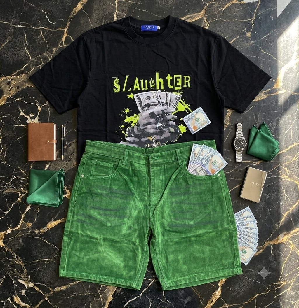 Black t-shirt with SLAughter money graphic and green velvet shorts styled flat with accessories like watch, notebook and cash on marble surface.