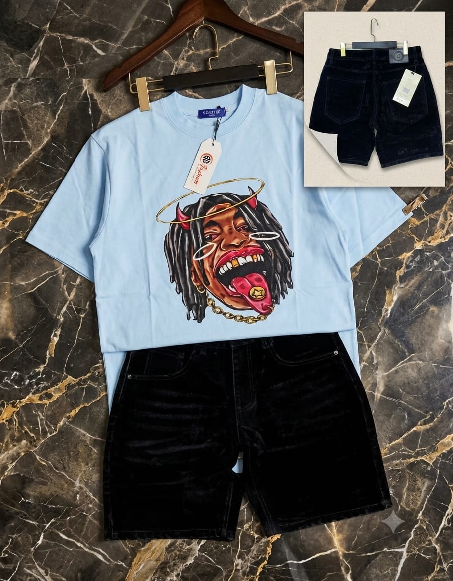 Light blue t-shirt with devil halo graphic print paired with black velvet shorts on marble background, with inset of shorts back view.
