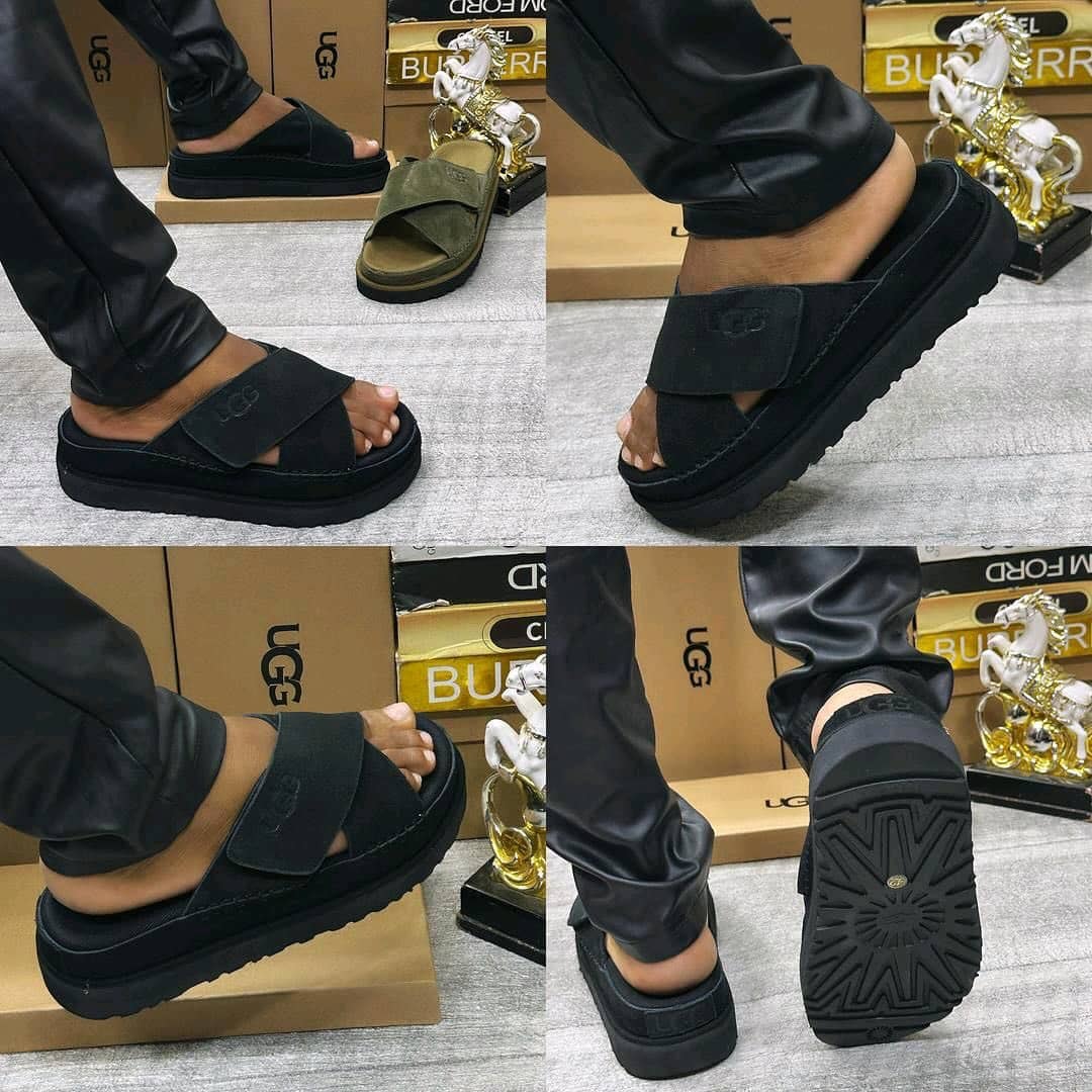 Black UGG platform slides worn on feet in multiple angles with branded boxes in background.