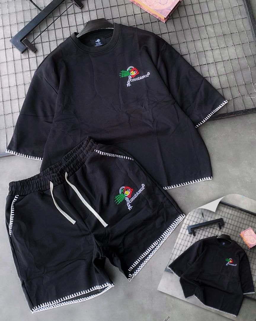 Black Casablanca embroidered t-shirt and shorts set in multiple flat lay angles.