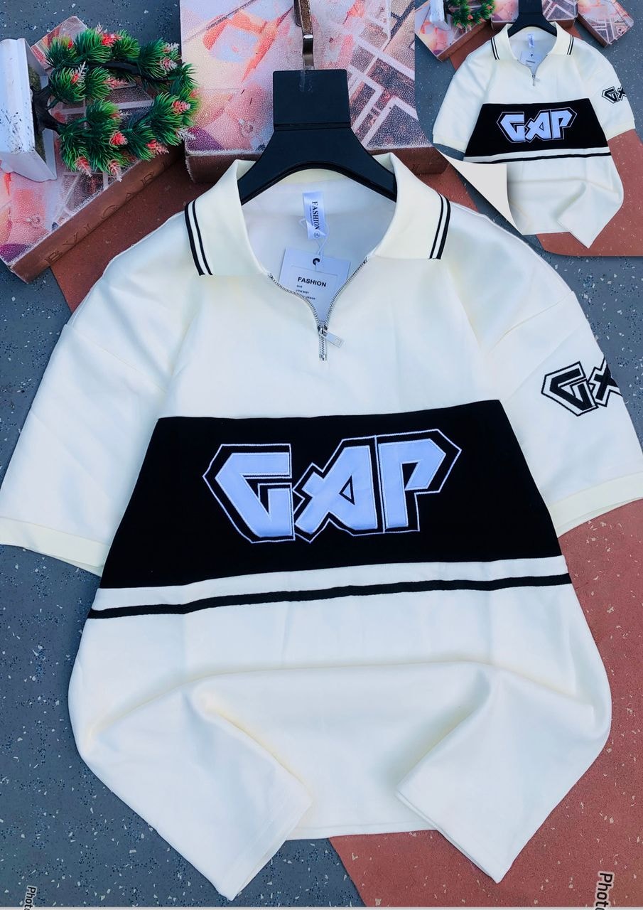 Cream GAP logo quarter zip collared polo shirt displayed flat.
