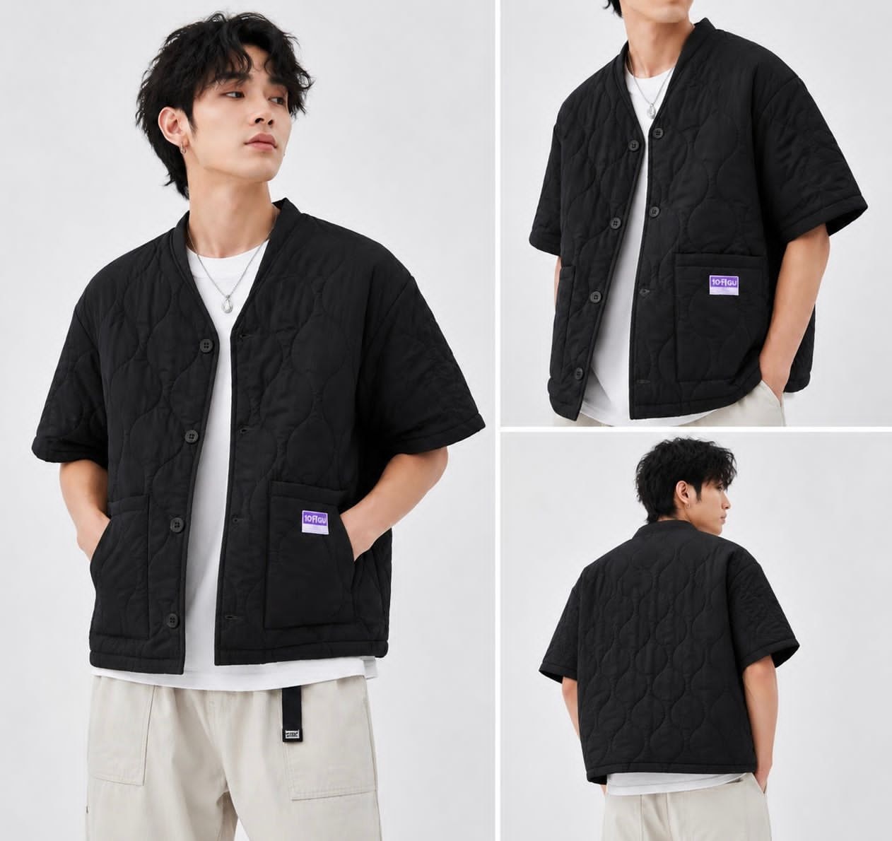 Man modeling black quilted short-sleeve jacket with wavy pattern, shown in front, side, and back views.