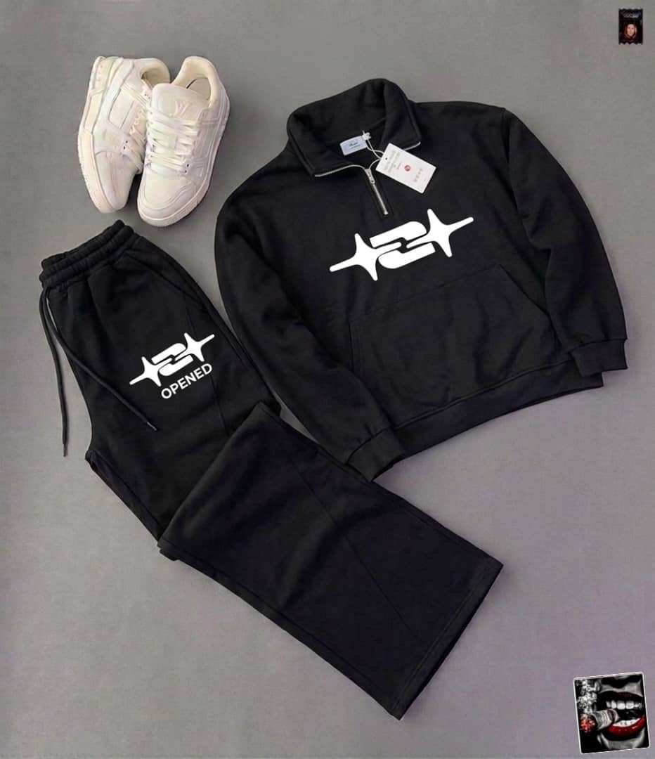 Black quarter-zip hoodie and pants with white logo and OPENED text, paired with white sneakers.