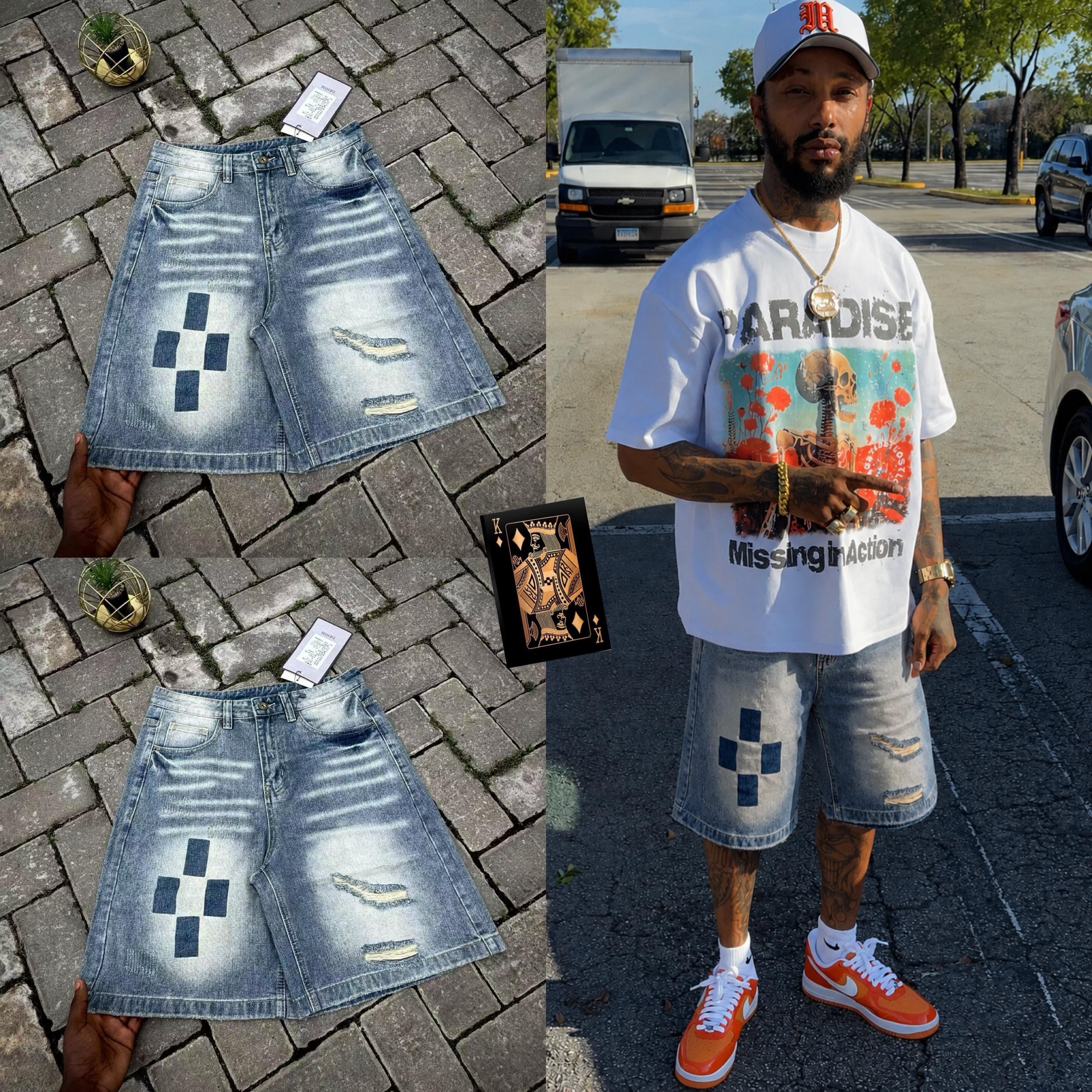 Collage of distressed denim shorts with blue geometric cross design on pavement and model wearing outdoors.