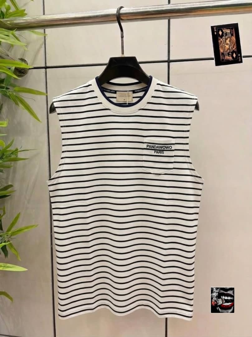 White and black striped sleeveless top with PANDAWOWO PARIS chest pocket.