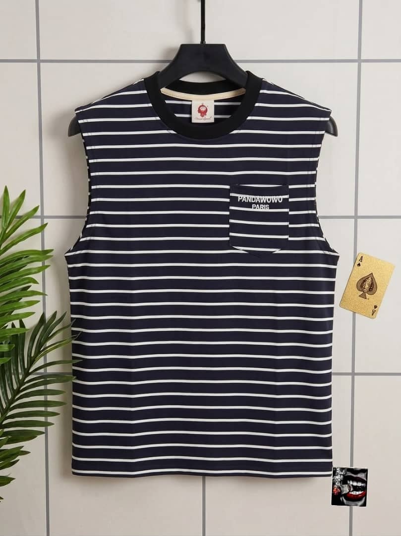 Navy blue and white striped sleeveless top with PANDAWOWO PARIS chest pocket.