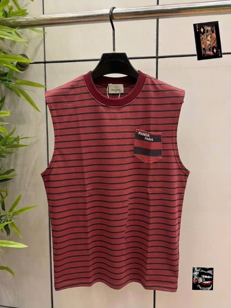 Red and black striped sleeveless top with PANDA PARIS chest pocket.