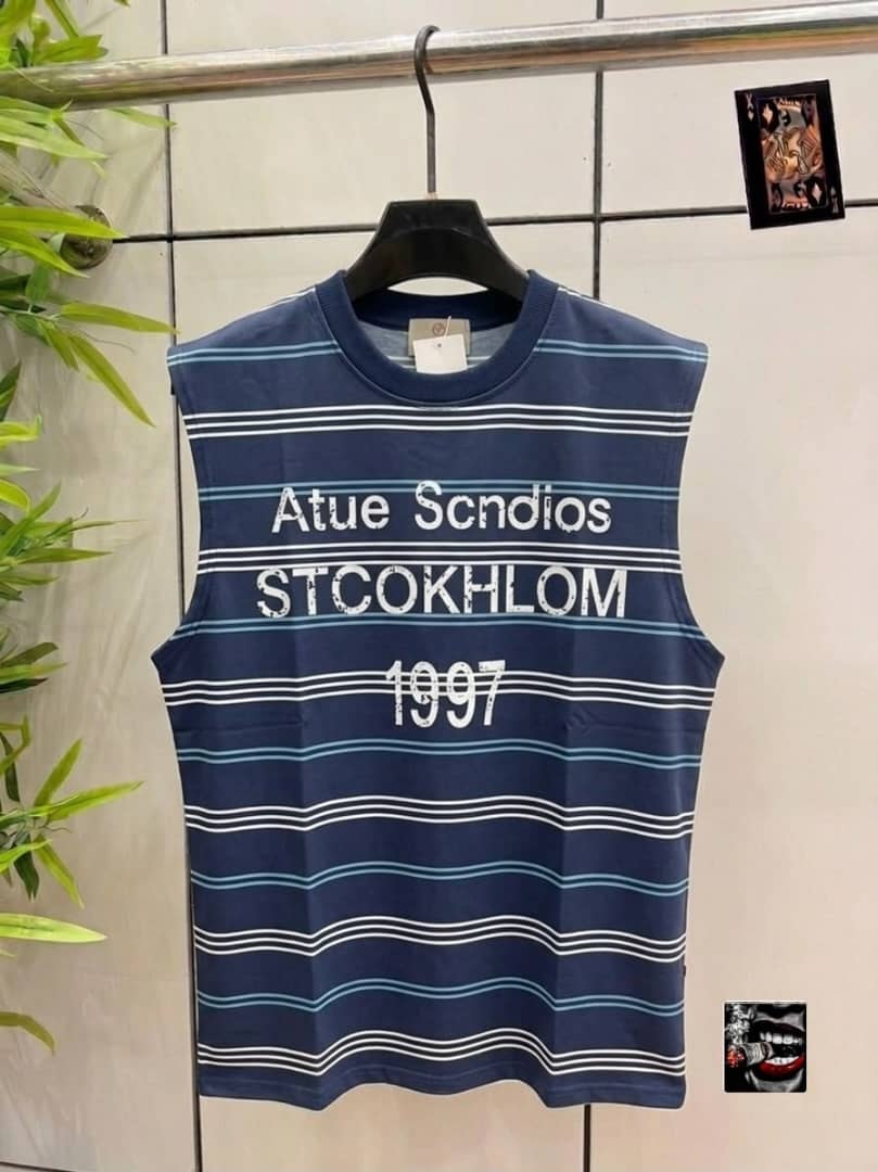 Navy blue striped sleeveless top with Atue Scndios Stockholm 1997 chest print.