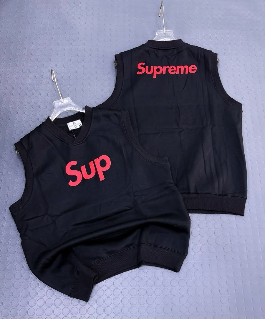 Black armless sweatshirt shown from front and back with red Supreme logo on chest and back.