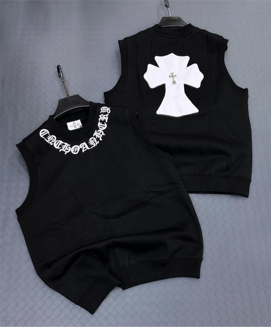 Black armless sweatshirt shown from front and back with white Chrome Hearts neck text and large white cross logo.