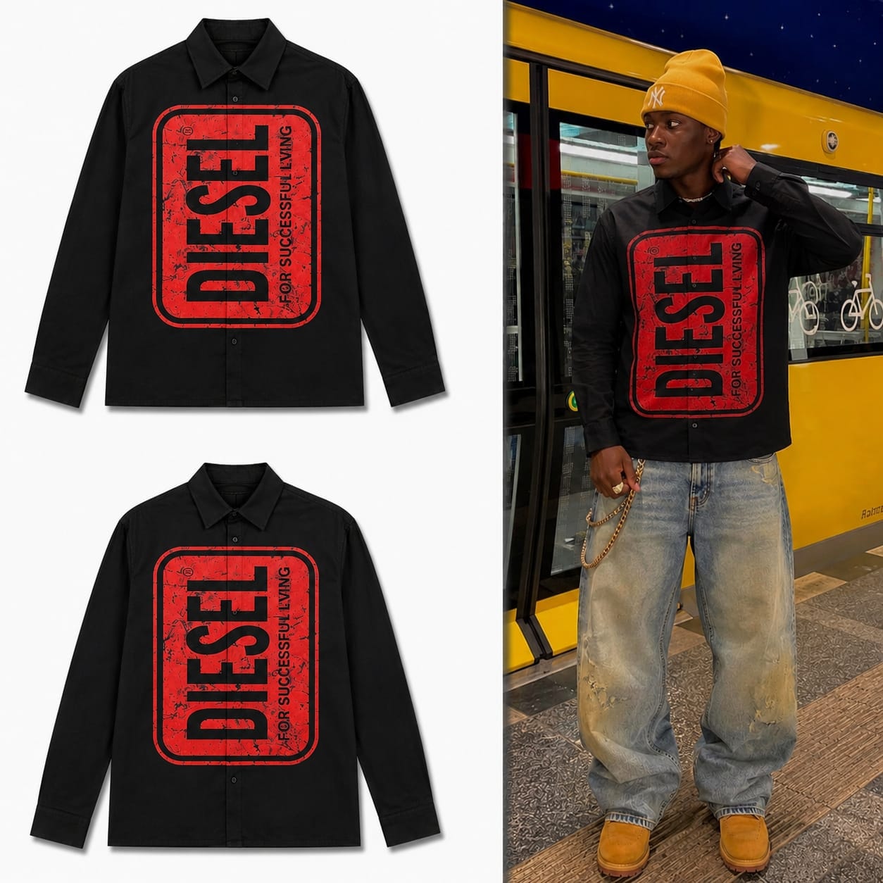 Black long sleeve Diesel shirt with red logo print shown in flat lay and on model.