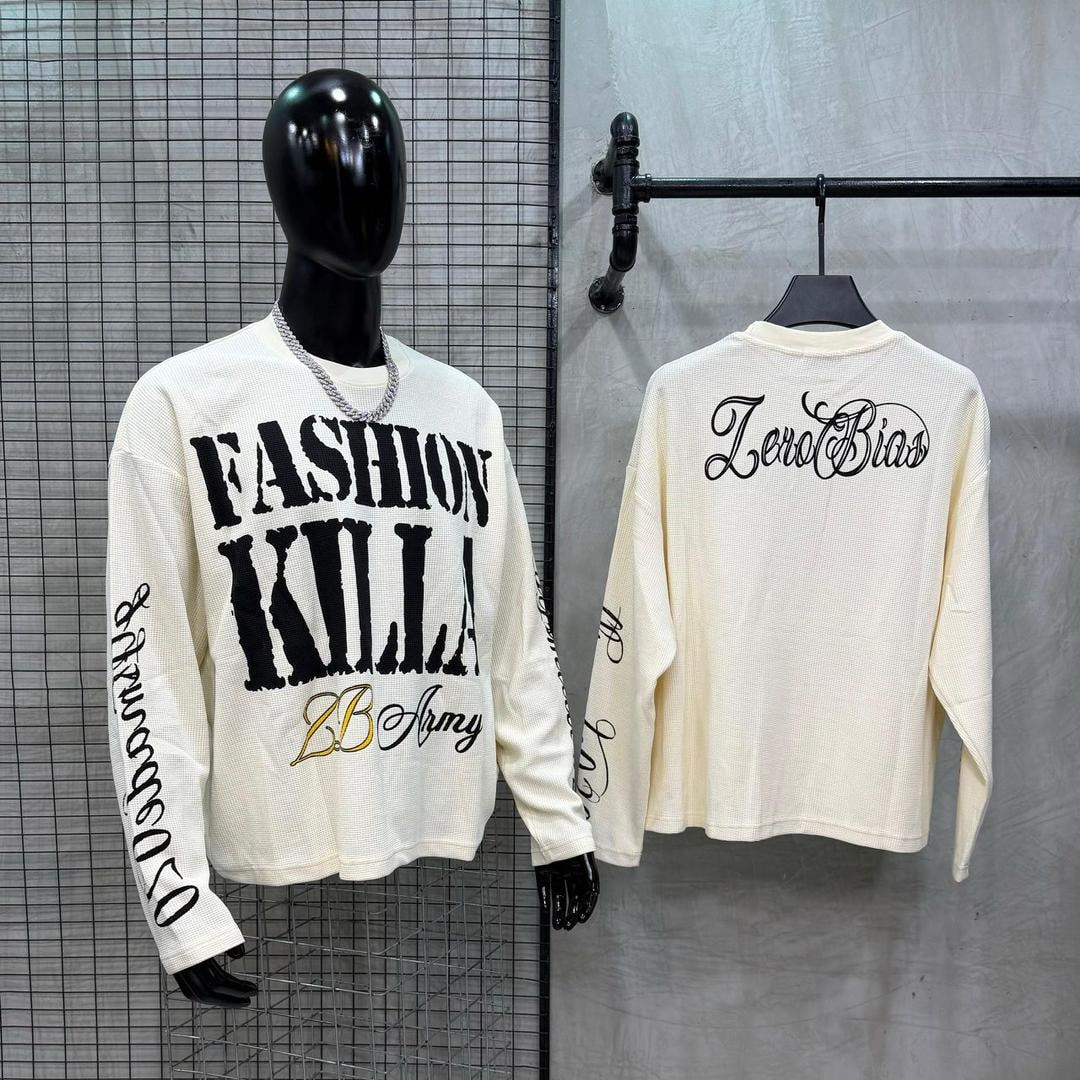 Front view on mannequin and back view of cream long sleeve shirt with Fashion Killa and ZeroBias prints.