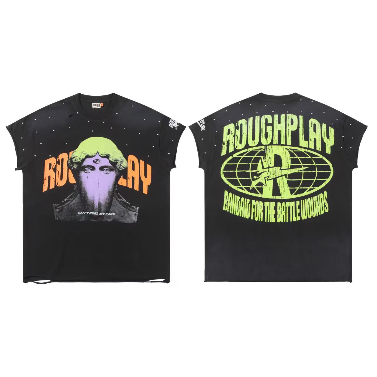 Front and back of black armless t-shirt with neon statue head graphic and Roughplay logo.