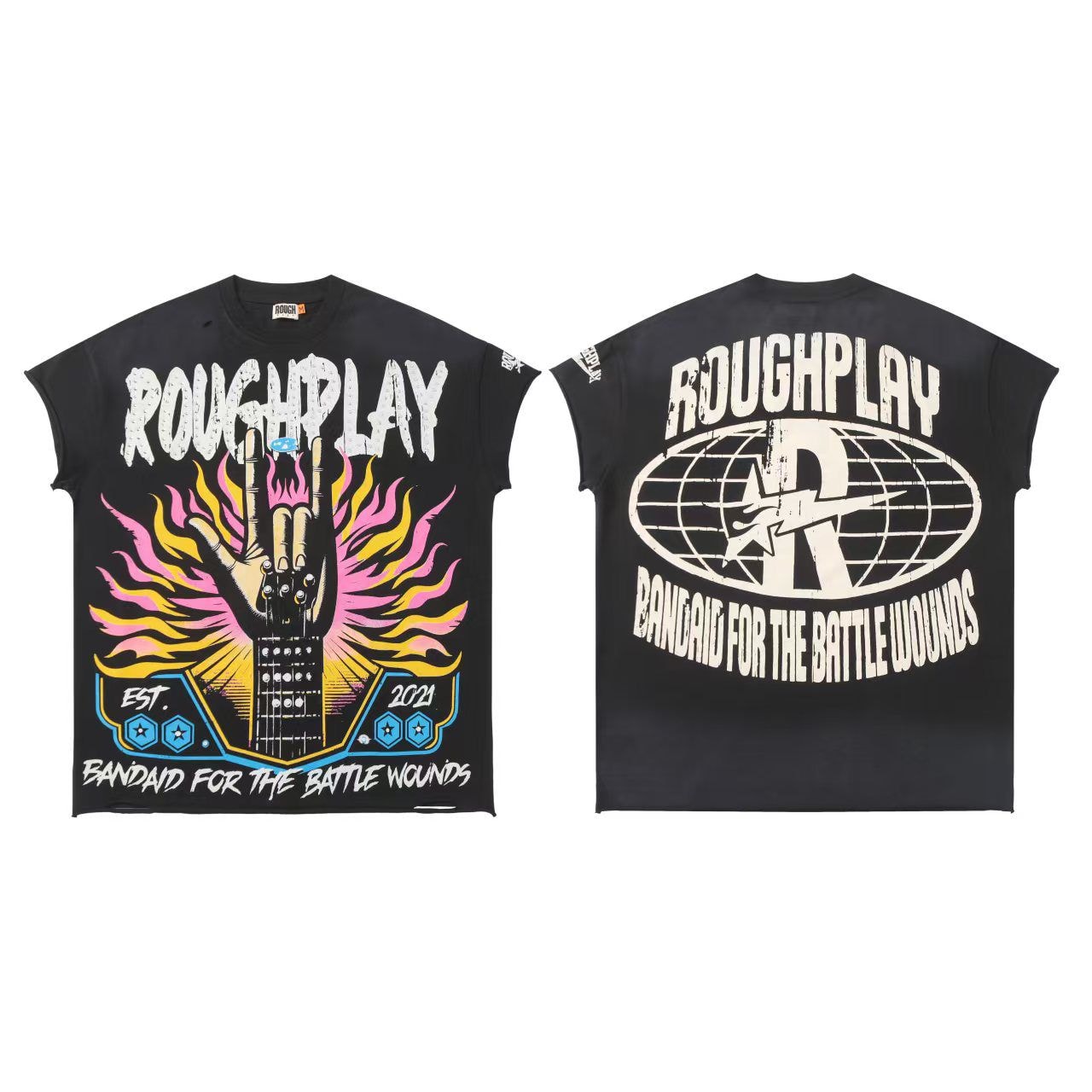 Front and back of black armless t-shirt with rock hand flame graphic and globe print.