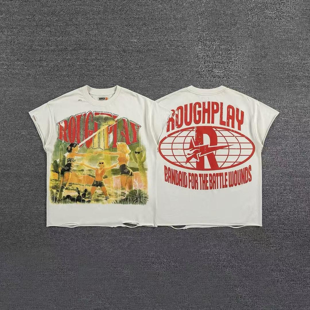 Front and back of white armless t-shirt with two figures cactus scene and red Roughplay print.