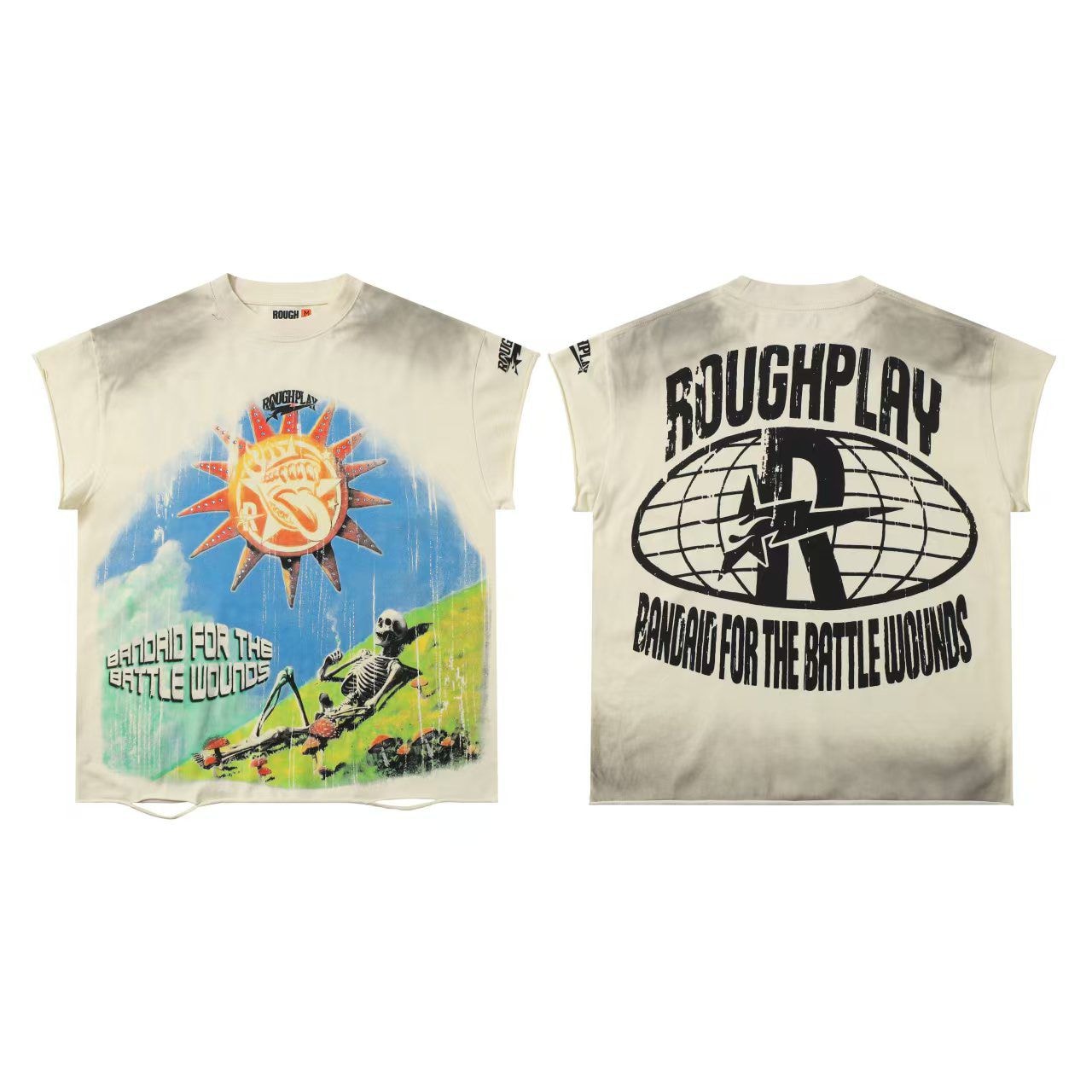 Front and back of cream armless t-shirt with sun and skeleton graphic plus Roughplay logo.