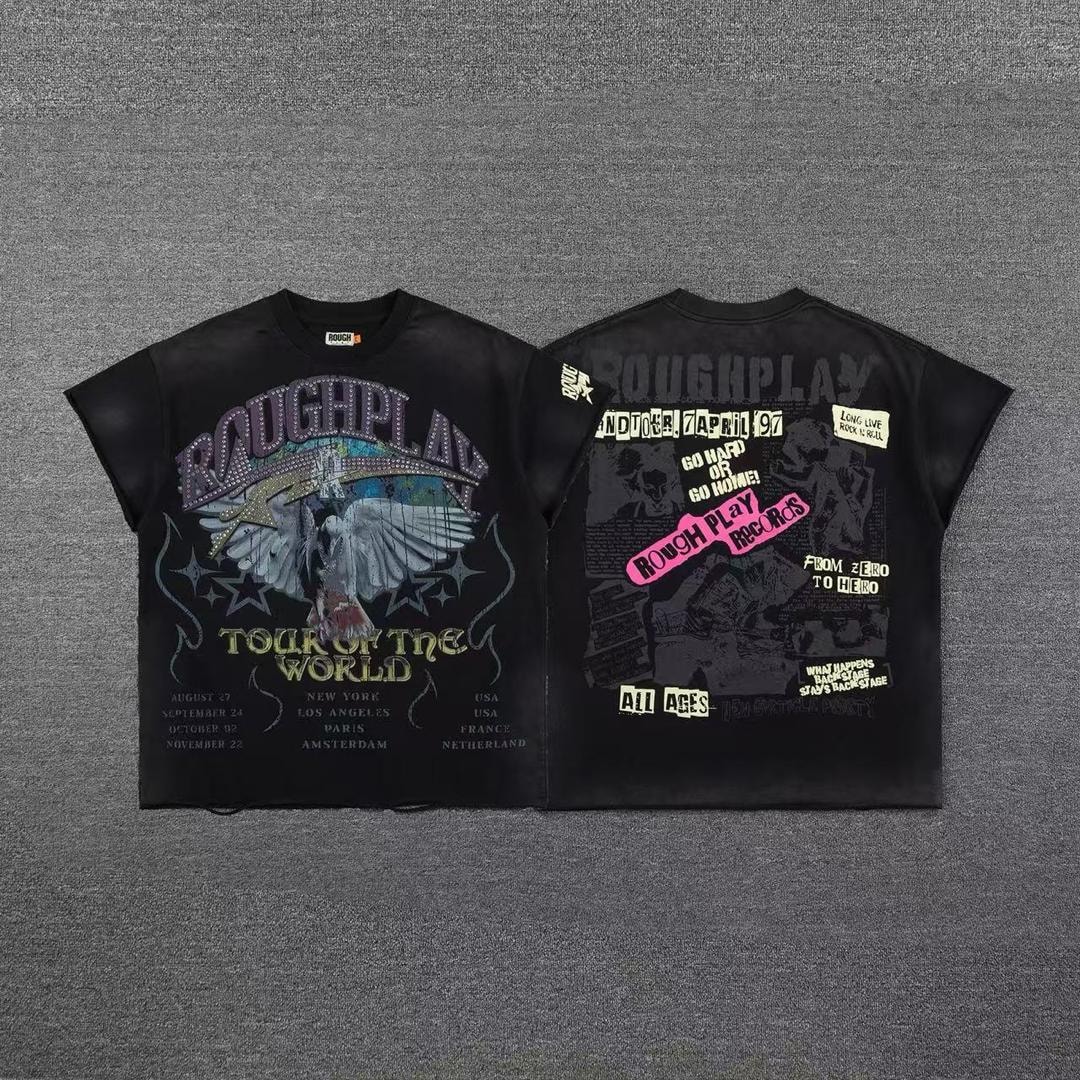 Front and back views of black armless t-shirt with eagle tour design and text collage print.