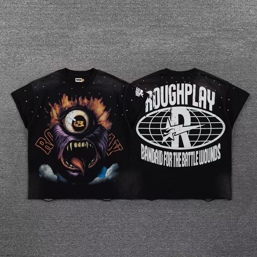 Front and back of black armless t-shirt with monster eye flame graphic and Roughplay globe logo.