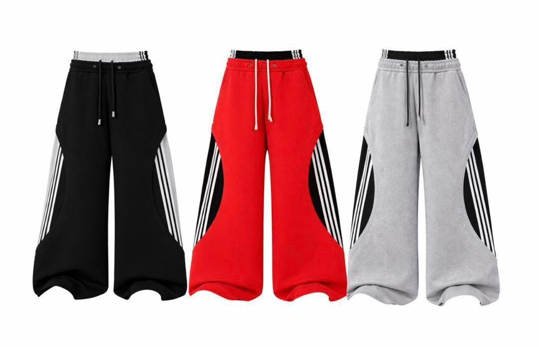 Black, red, and gray wide-leg striped trousers shown side by side.