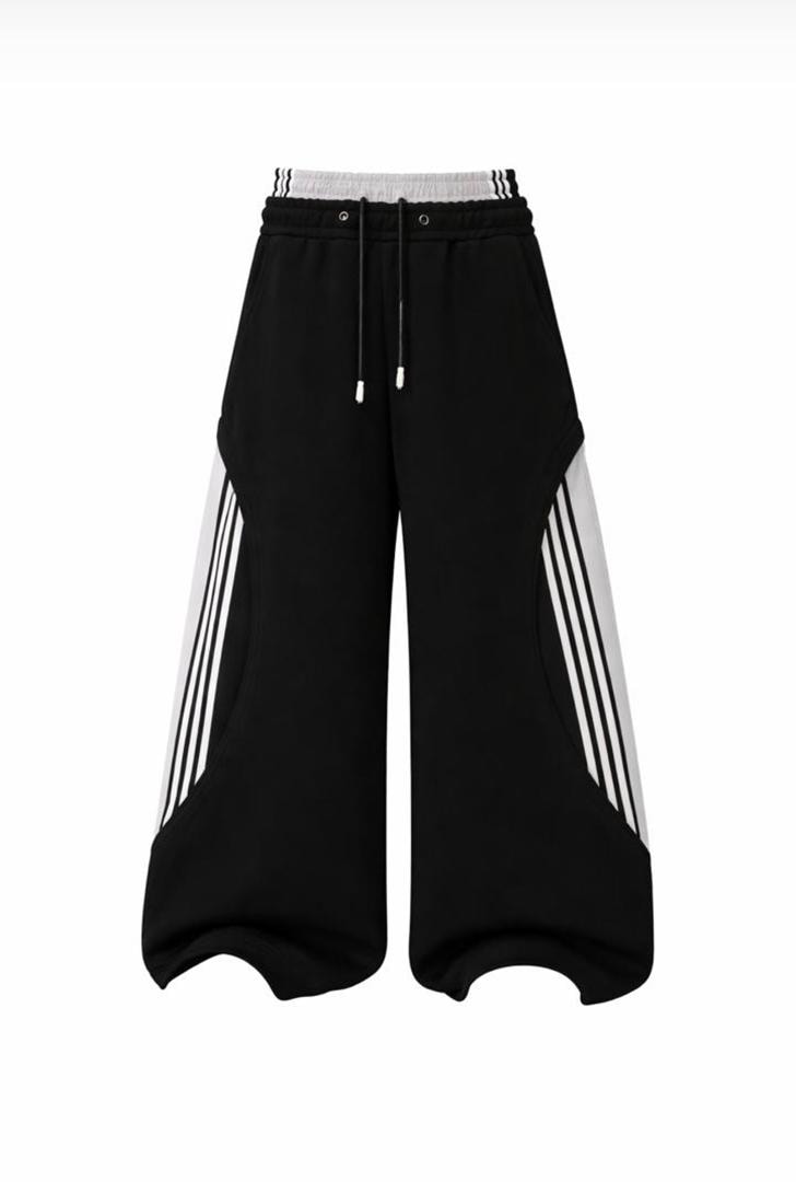 Black wide-leg trousers with white side stripes.