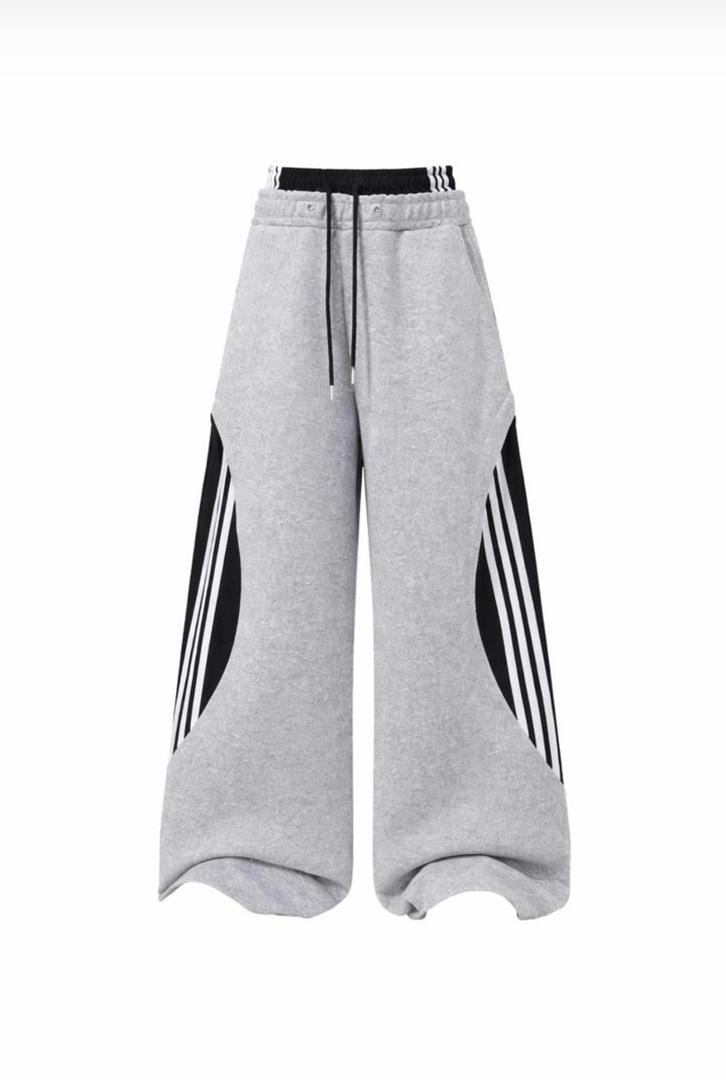 Gray wide-leg trousers with black and white side stripes.