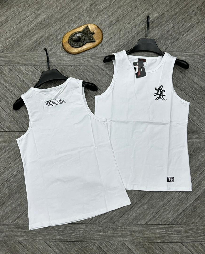 White armless tank tops with script logo and back graffiti text shown together.