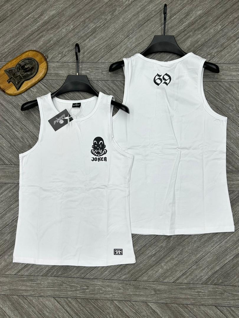White armless tank tops with Joker graphic and 69 back print displayed together.