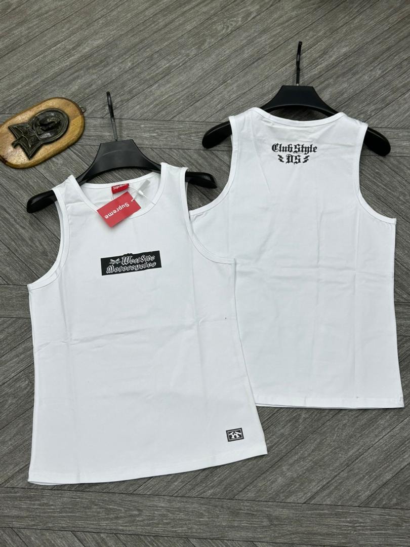 White armless tank tops with West Side Motorcycles logo and Club Style text shown together.