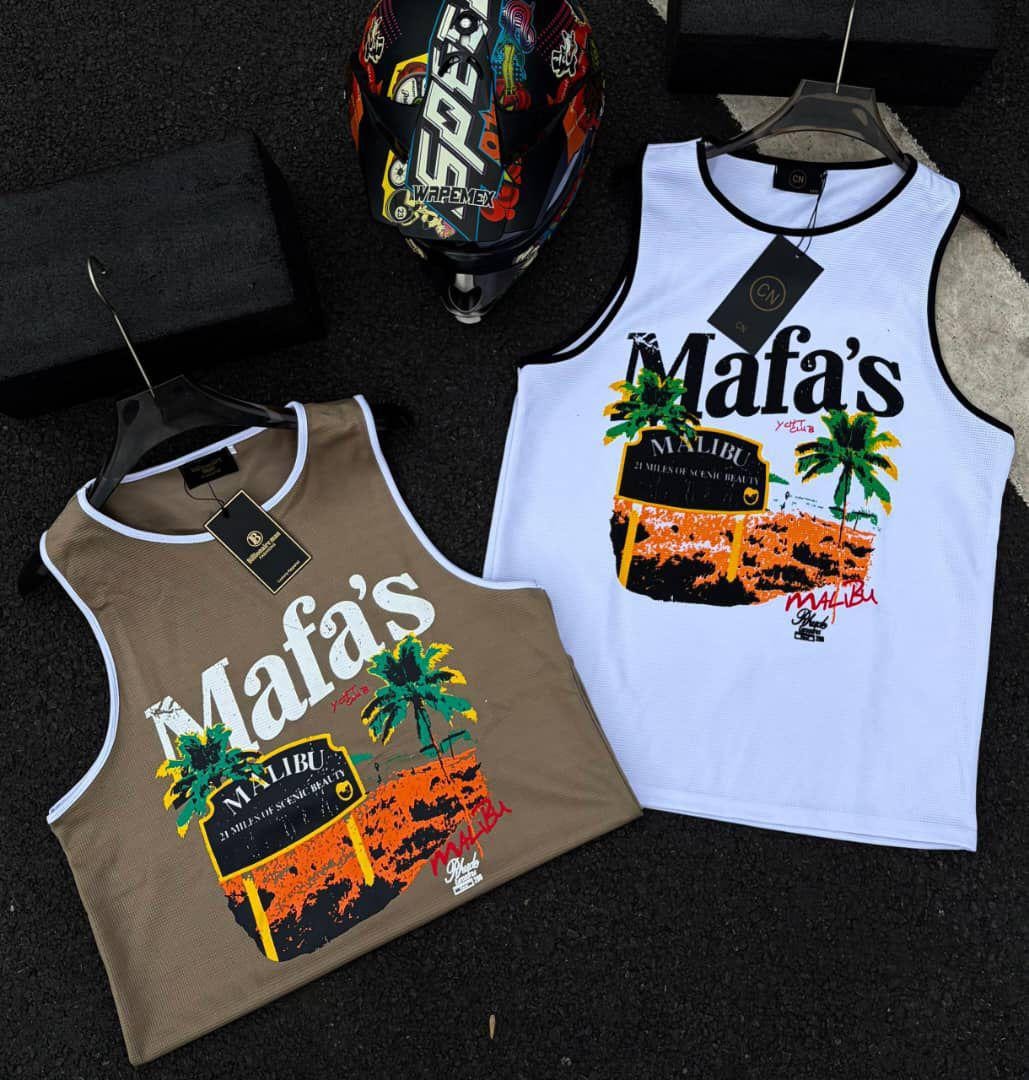 Mafa's Malibu graphic armless tank tops shown in brown and white colorways side by side.