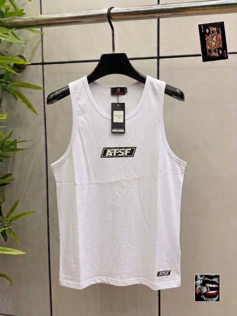 White armless tank top with ATSF logo on the chest and hem tag.