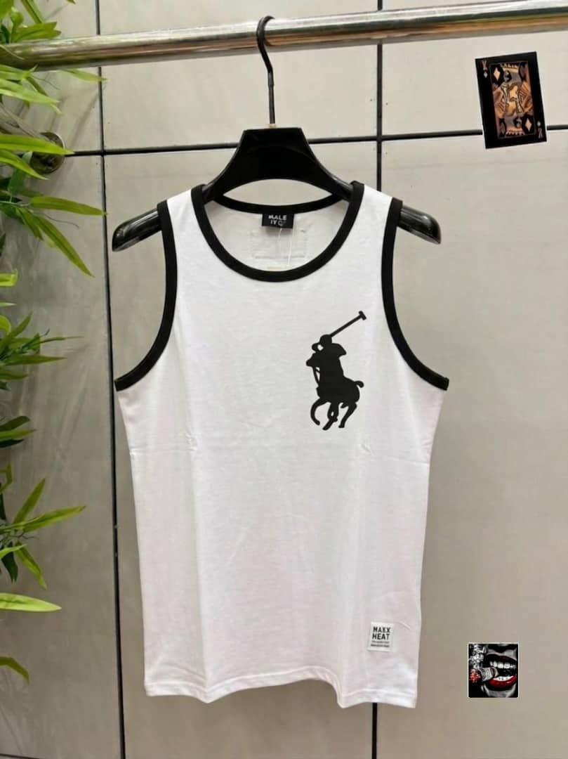 White armless tank top with black trim and black polo player logo on chest.