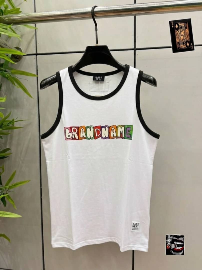 White armless tank top with black trim and multicolored Brandname text graphic.