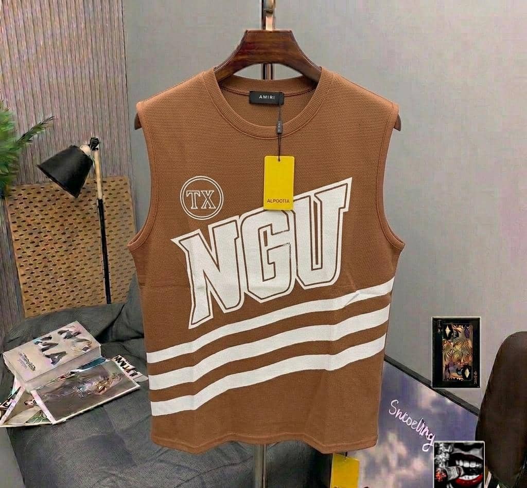Brown ribbed armless top with large NGU graphic and stripes.