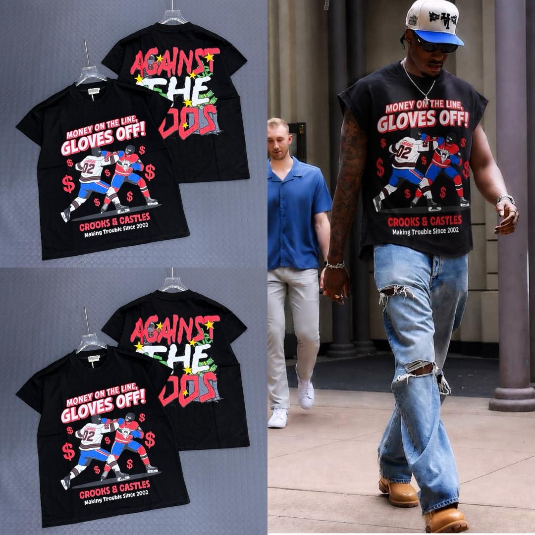 Black Crooks & Castles sleeveless t-shirt showing front graphic with hockey players, back print, and model wearing it with jeans.