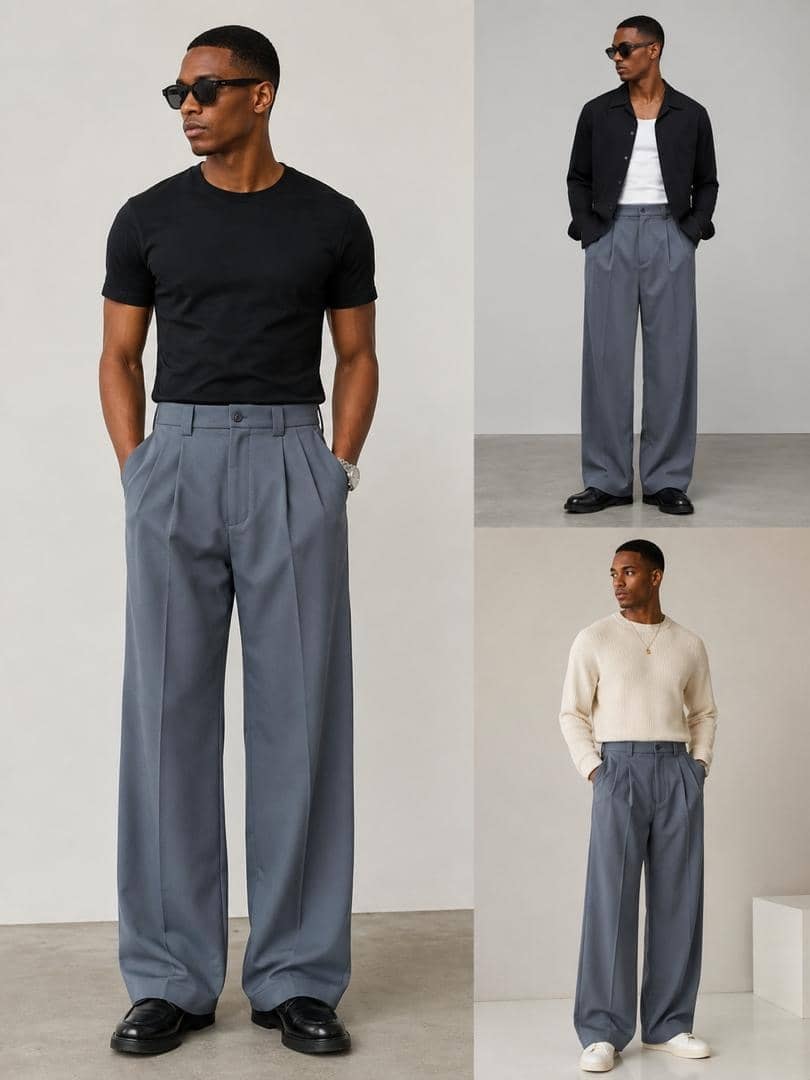 Man modeling gray wide-leg flare trousers in multiple lifestyle outfits.