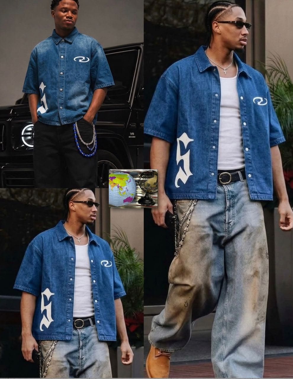Man wearing blue denim short sleeve shirt with white graphic, shown in multiple poses with black vehicle and urban background.