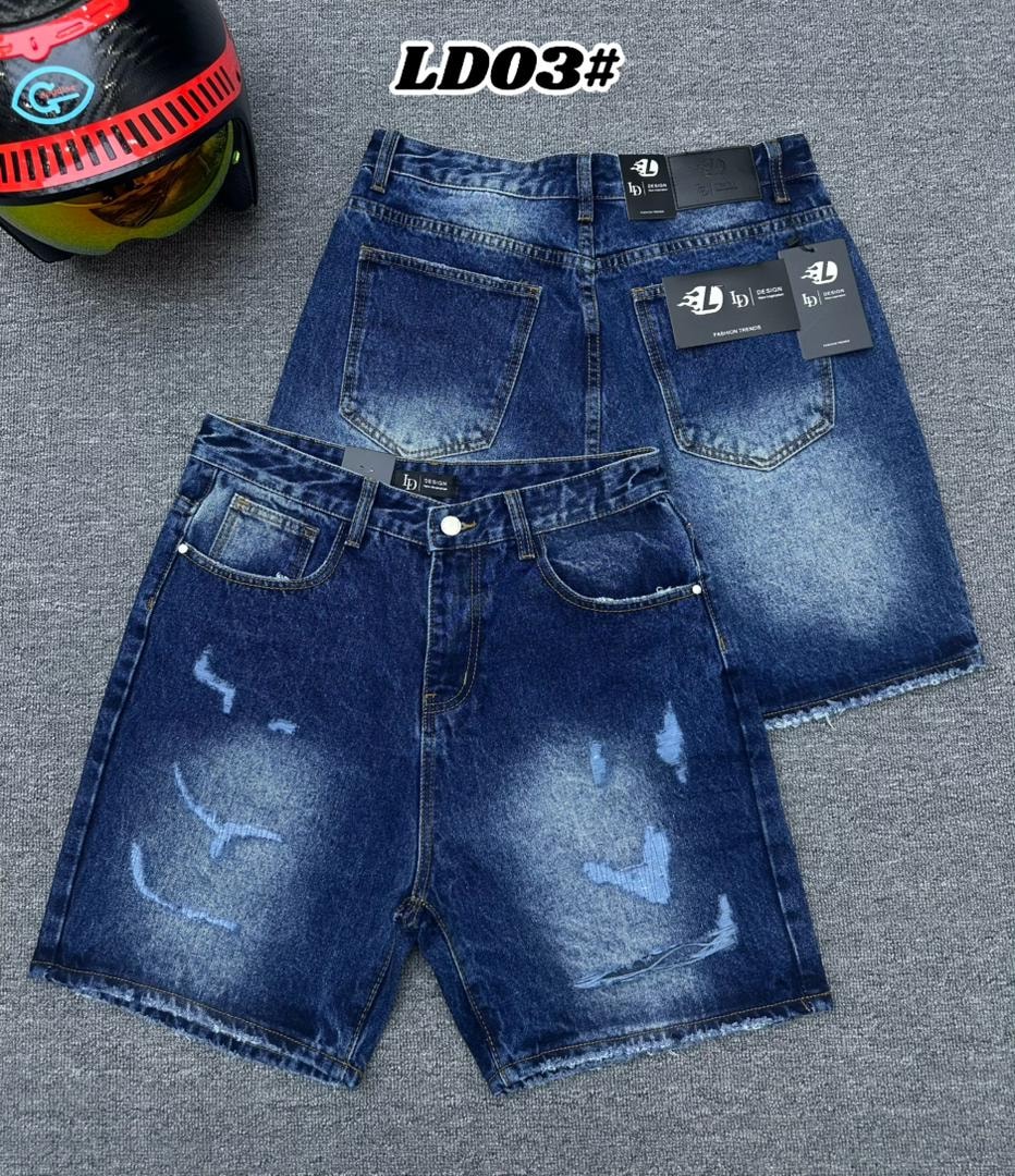 Dark blue denim jorts with rips and fade, front and back views with helmet accessory.